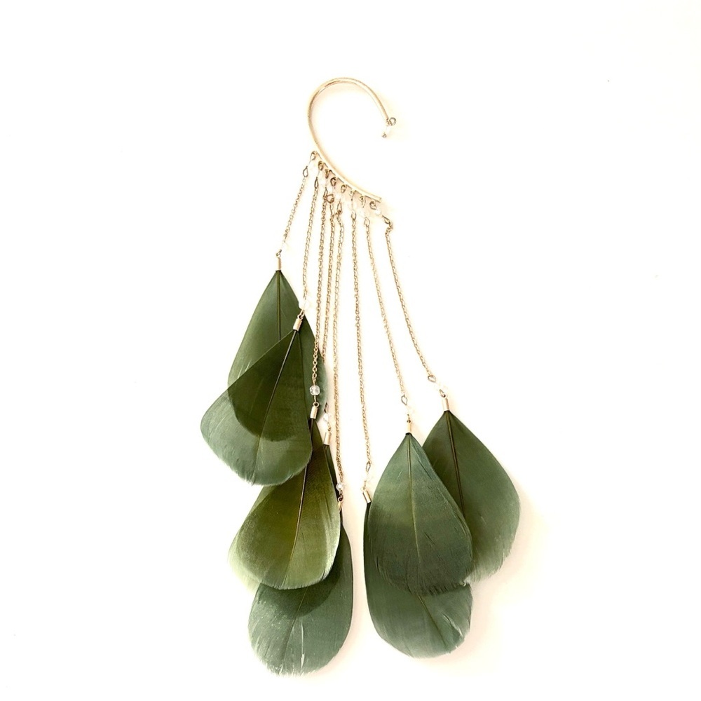 Green Feather Bejeweled Ear Cuff, Gold Hardware